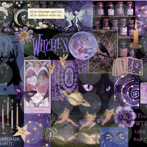 May include: A collage featuring a mystical theme with purple and blue hues. It includes illustrations of witches, moons, stars, tarot cards, and text like "Witches" and "Cosmic Feelings." The artwork has a whimsical and magical aesthetic.