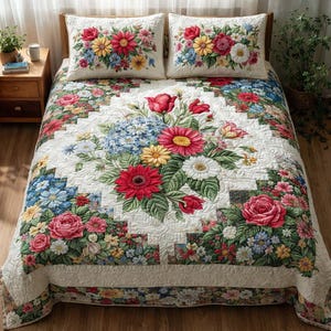Juego de ropa de cama con edredón floral vintage, colcha estilo cottagecore con temática de jardín, juego de manta de patchwork con flores, ropa de cama botánica con fundas de almohada.