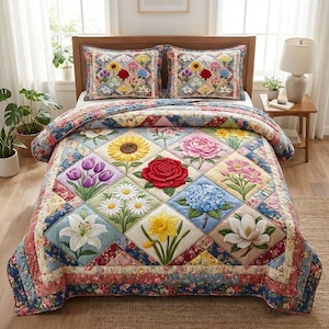 Floral Patchwork Bedding Set, Cottagecore Flower Quilt Print, Vintage Garden Bedspread Set, Botanical Blanket with Pillowcases