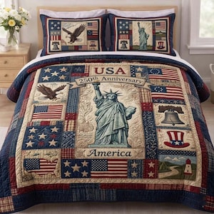 Juego de ropa de cama del 250 aniversario de EE. UU., edredón de retazos con la bandera estadounidense, colcha patriótica, decoración Liberty Eagle, regalo para dormitorio de estilo americano