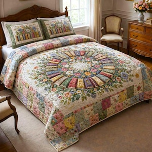 Floral Patchwork Bedding Set, Vintage Quilt Blanket with 2 Pillowcases, Cottagecore Bedspread, Shabby Chic Floral Quilt Decor Gift