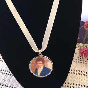 Linen PENDANT, Handmade Faux Oil Painting Portrait Pendant for Period Reenacting. Silver Metal Frame, Faux Oil Painting on Linen Pendant.