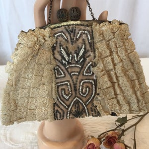 Vintage French Silk Satin Lace and Beaded Purse. Art Deco Design Beaded Purse Insert. Ruffled Lace Sides. White Beaded Ends. Filigree Snap.