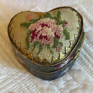 Vintage Brass Cloisonne Heart Pill Box with Petit Point Rose on Top. Unique Hinged Pill Box. Great for Use or for a Pill Box Display.