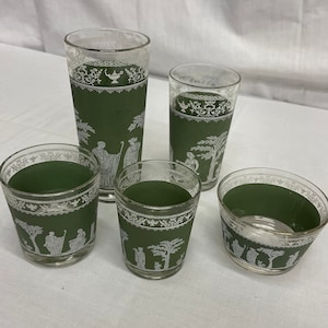 Vintage Jeanette Wedgewood Grecian Hellenic Green Glassware Drinking, High Ball, Juice, Liqueur Glasses or Berry Bowls. Choose Your Size.