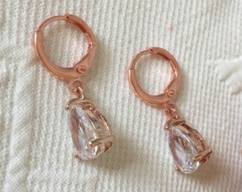 Rose Gold Loop Lever Earrings With Teardrop Clear Stone. Handmade Pierced Earrings. Simple and Elegant Rose Gold Earrings.