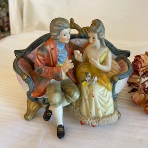 Vintage Royal Crown Colonial Couple on a Tufted Sofa, Talking and Gesturing With Hands. Charming Porcelain Figurine.