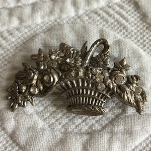 Victorian Basket Pin Brooch. Silver Plate Flower Basket with Rhinestone Accents. Small Feminine Pin Brooch.