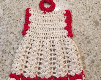 Vintage Dress Hot Pad. Crocheted Kitchen Hot Pad or Wall Decor. Red and White Crocheted Dress Shaped Trivet With Hanging Ring.