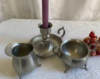 Vintage Web Pewter Candlestick and Cream and Sugar. Early American Pattern Set of Three Pieces. Williamsburg Style Pewter.