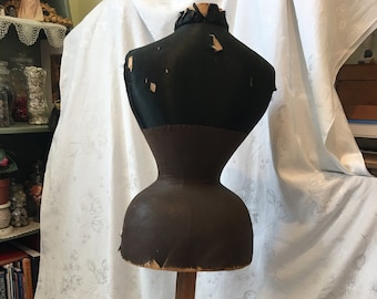 Antique Victorian Wasp Waist Mannequin. Bustle Back Paper Mache w/ Wood Stand, Black Silk Covered Top, Brown Batiste Hips. Rare Antique.