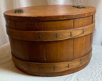 Antique Primitive Furkin Style Basket Bucket. Top Opens to Two Sides. Could Be Used as Sewing Basket. Legs Can Be Added. Wood Banded Bucket.