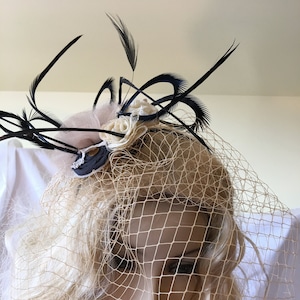 Fascinator Hat, Off White Net and Lace Flowers and Leaves. Vintage Lacey Leaf, Black Goose Biot Feathers on Black Headband With Hair Clip.