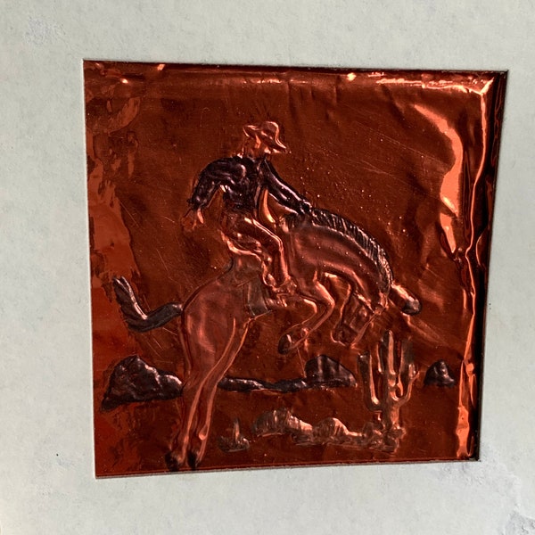 Vintage Bucking Bronco and Cowboy Embossed Copper Picture. Copper Rubbing of Horse and Rider with Cacti in Desert.