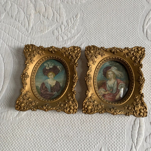 Victorian Pair of A Cameo Creation Pictures in Fancy Gold Frames. Ovals of Leonora & Susan North by Vinent Nesbert. Fancy Composite Frames.
