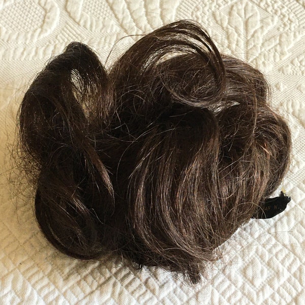 Vintage Cathay Wigs, NYC, Made in Japan. 100% Human Hair Dark Brown Hairpiece for Top or Back of Head. Make Into a Bun or Knot.