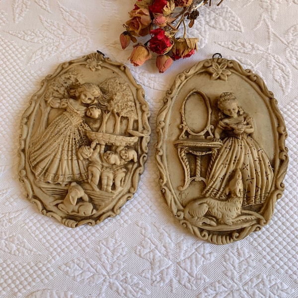 Vintage Clay Style Molded Dimensional Plaques. Composite Story Telling Ovals. Girl with Bird and Dog or Girl with Fawn and Gnomes with Bath.