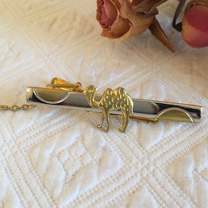 Vintage Camel Tie Clip Bar. Chain To Attach to Button. Nice Adjusting Clip. Silver and Gold Finish.