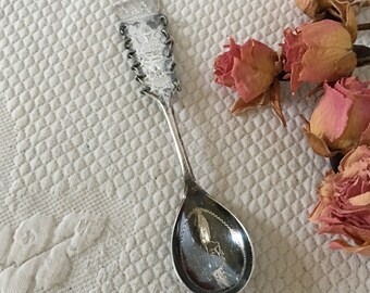 Vintage Collectible Spoon With Russian Figure Etched on Handle. Etched Crown on Top. Spiral Rings Decorating Sides. Etched Elk in Bowl.