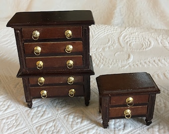 Vintage Miniature Bedroom Dresser and Night Stand With Brass Bail Pulls Drawers. Two Tone Wood Dresser With Decorative Front Feet.