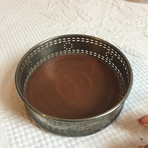 Vintage Etched Silver Plate Wine Bottle Coaster. Wheel Designs and Leaf Borders with Etched Swags. Composite Ridged Designed Bottom.