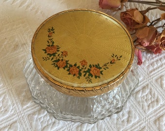 Vintage Dresser Jar. Textured Glass With Gold Lid With Rose Spray on One Side. All Over Lovely Textured Designs.
