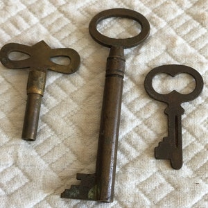 Antique Brass House or Room Skeleton Key, Brass Clock Key and Small Iron Key. Great for Decorating Display. Look Old.