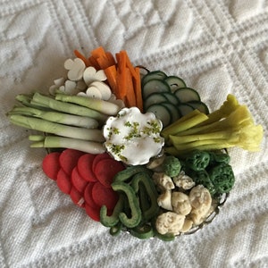 Vintage Mini Vegetable Tray for Doll House Party. Miniature Party Food for the Health Conscious. Realistic Mini Vegetables and Dip.