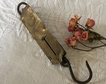 Vintage hängen Skala. Frary es Improved Spring Balance Warranted Scale. Messing und Gusseisen Haken, Ring und Skala. Waage.