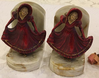 Vintage Alabaster Lady Bookend. Beige Marble/Alabaster L Shape with Lady in Red Bonnet, Wide Dress, Ruffled Pantaloons. Feminine Bookends.