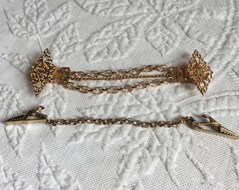 Vintage Sweater Guard. Gold Tone Chain and Clip. Choose Filigree Diamond Shape with 3 Chains or Spring Loaded Textured Gold Clips.