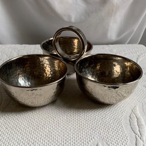 Vintage Silver Plate Condiment Server. Three 10 Oz Hammered Bowls with Top Center Ring to Carry.