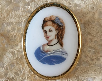 Vintage Lady Painting on Porcelain Pin Brooch. Paint Enhanced Image on Porcelain Gold Setting Pin Brooch.