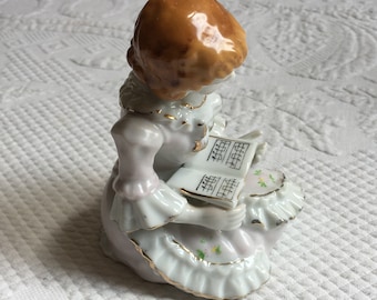 Vintage Porcelain Girl with a Book of Music Figurine. Lovely Girl Sitting on Her Legs on the Floor. Italian Porcelain Feminine Figurine.