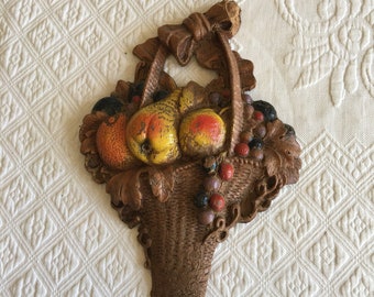 Antique Basket Wall Plaque. Old Composite Basket with Grapes, Leaves and Fruit with Bow at Top. Charming Old Wall Decoration.