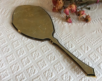 Vintage Yellow Marbleized and Black Celluloid Hand Mirror. Oval Beveled Clear Mirror. Pointed Handle, Decorative Edge.