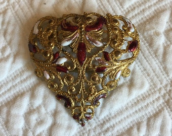 Vintage 3 in 1 Cloisonne and Gold Tone Heart Pendent, Brooch Pin or Scarf Ring. Ornate Designs in Gold with Red and White Cloisonne.