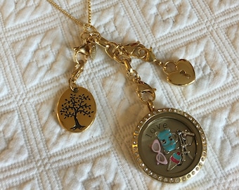 Large Gold Rhinestone Magnetic Locket on Extender and 31" 2mm Rolo Chain. Heart Lock and Life is a Gift Tree Dangles. 5 Colorful Charms.