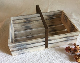 Vintage Wooden Rectangular Basket With Middle Top Metal Handle. Berry Type Basket. Repurpose for Towels in Bath, Gardening Collector, Etc.