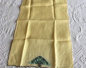 Vintage Fingertip Towel. Choose Yellow or White Linen With Black Scalloped Edge and Embroidered Stitching on Applique. Charming Small Towel.