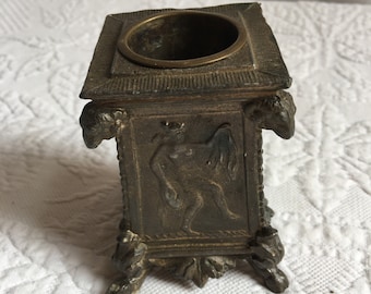 Antique Bronze Inkwell for Dip Pens. Ladies and Men Partly Naked Embossed Images on the Four Sides. One on Each. Quill Inkwell w/ 4 Feet.