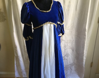 Handmade Ballet Medieval Costume Dress. White Leotard, Royal Blue Corduroy Top, Brocade Polyester and Rope Trim. Needs Some Repair.