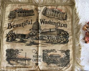 Vintage Views of Washington DC Pillow Cover. Mt. Vernon, The White House, US Capitol, Cherry Blossoms and the Lincoln Memorial. Silk Pillow.