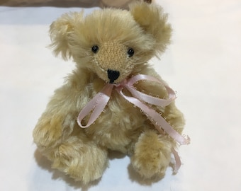 Vintage 5 1/2" Mohair Bear. Handmade Charming Little Bear with Bead Eyes, Embroidered Features and Shaved Muzzle. Moveable Arms and Legs.