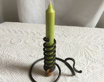 Vintage Wrought Iron Primitive Candle Holder with Height Adjusting Wooden Candle Push Up. Spiral Candle Holder.