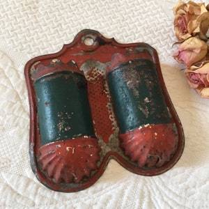 Antique Wall Match Holder. Wall Mounted Container From Kitchen Decor of Centuries Ago. Red and Green Painted Tin Match Holder.