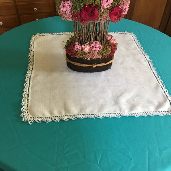Vintage Linen Brocade Square Table Runner Centerpiece Mat. Crocheted Edging With Light Blue Scalloped Edge. Centerpiece Table Topper.