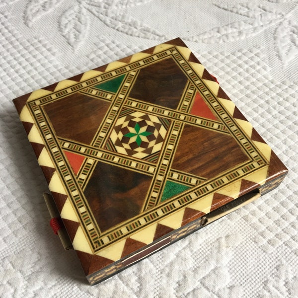 Vintage Inlaid Marquetry Wood Matchbox Safe with Four Boxes Around Sides and Match Striker Strips on Each Side.