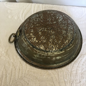 Antique Colander or Strainer. Brass Ring and Attachment. Well Used Copper With Overall Bottom Flower in Holes. Antique Display.