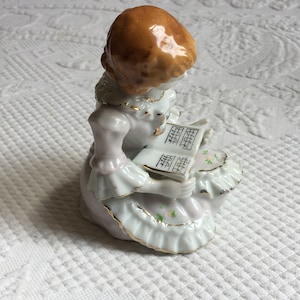 Vintage Porcelain Girl with a Book of Music Figurine. Lovely Girl Sitting on Her Legs on the Floor. Italian Porcelain Feminine Figurine.